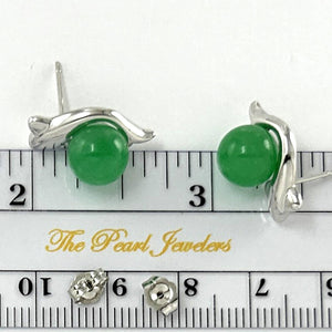 14K White Gold Dolphin Design Green Jade Earrings