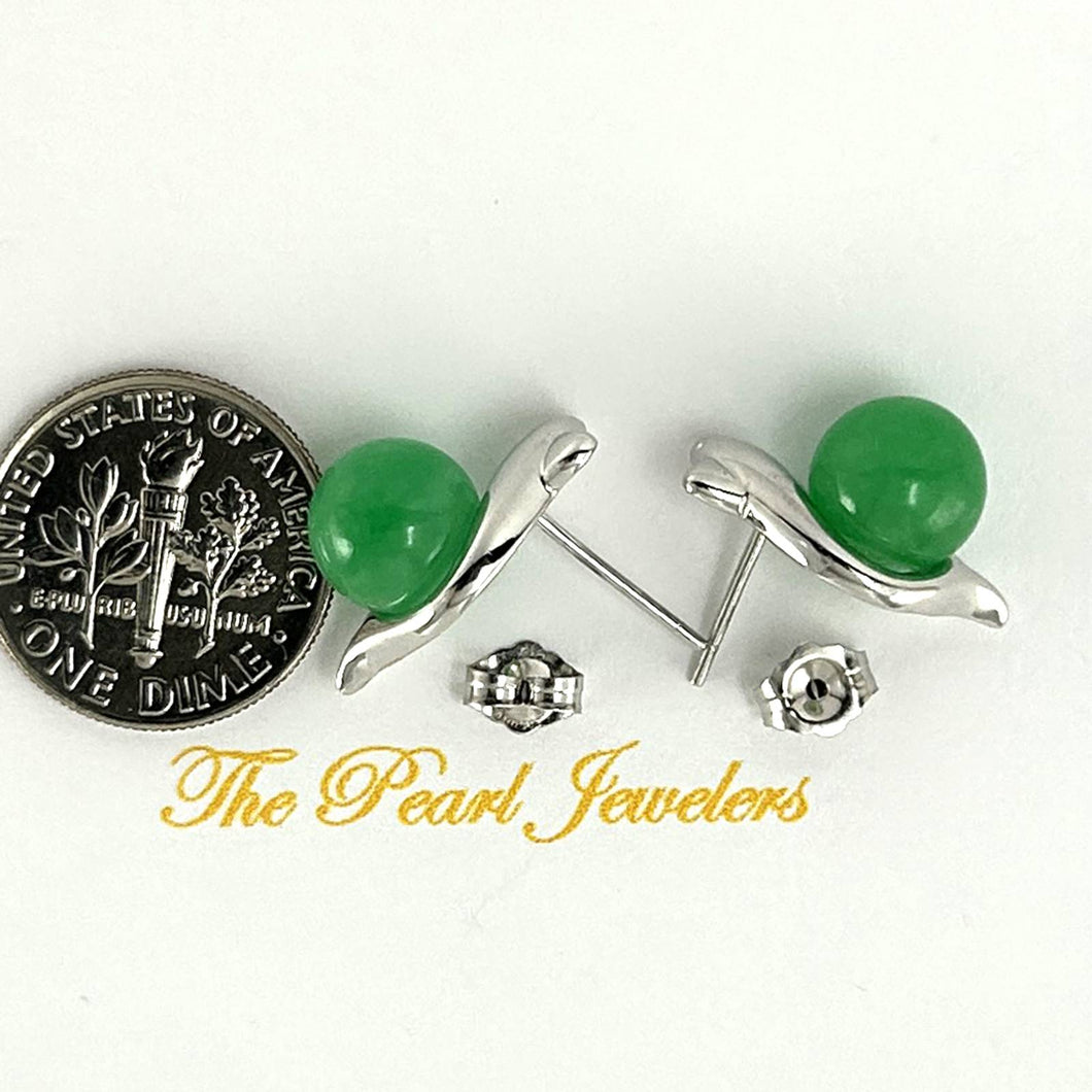 14K White Gold Dolphin Design Green Jade Earrings