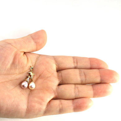 Dolphin Diamond Pendant with Lavender & White Pearls – 14k Yellow Gold