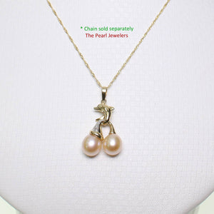 Dolphin Diamond Pendant with 2 Pink Pearls – 14k Yellow Gold