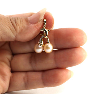 Dolphin Diamond Pendant with 2 Pink Pearls – 14k Yellow Gold