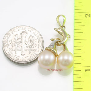 Dolphin Diamond Pendant with 2 Pink Pearls – 14k Yellow Gold