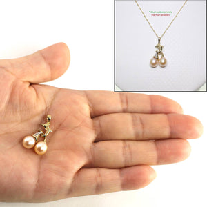 Dolphin Diamond Pendant with 2 Pink Pearls – 14k Yellow Gold