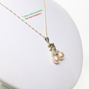 Dolphin Diamond Pendant with 2 Pink Pearls – 14k Yellow Gold