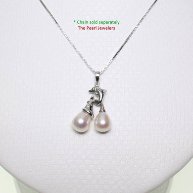 Dolphin Diamond Pendant with 2 White Pearls – 14k White Gold + Chain Options