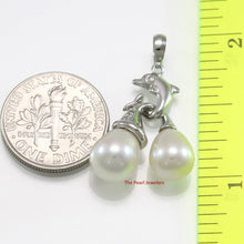 Load image into Gallery viewer, Dolphin Diamond Pendant with 2 White Pearls – 14k White Gold + Chain Options