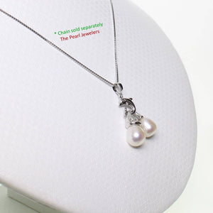 Dolphin Diamond Pendant with 2 White Pearls – 14k White Gold + Chain Options