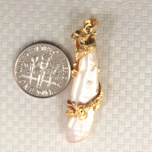 Dragon Wrapped Biwa Pearl Pendant – 14k Yellow Gold with Diamond
