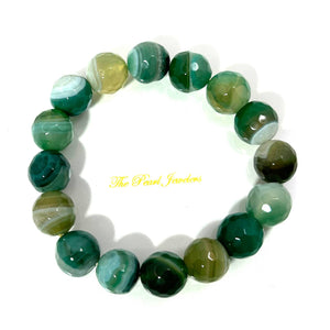 12mm Faceted Green Agate Beads Stretchy Bracelet