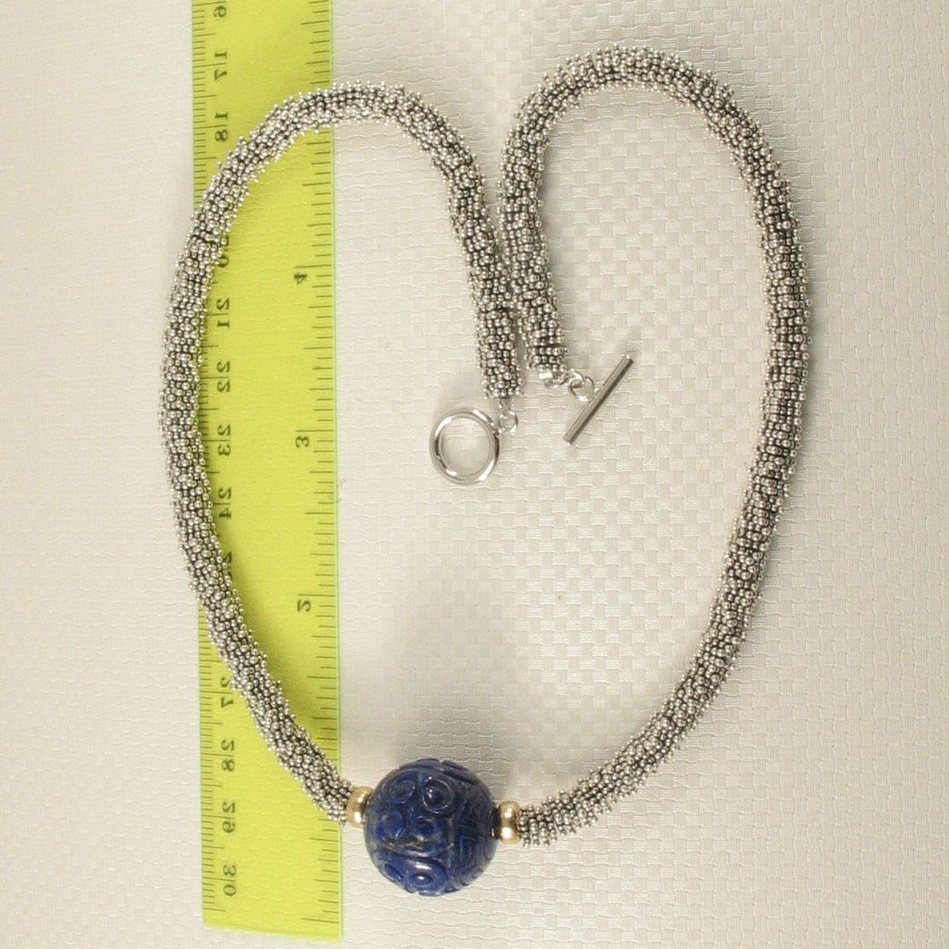 20mm Engraved Lapis Lazuli with 14k Gold & Silver Bali Necklace