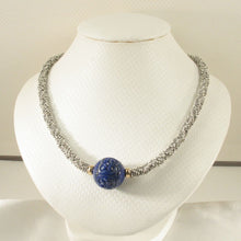 Load image into Gallery viewer, 20mm Engraved Lapis Lazuli with 14k Gold &amp; Silver Bali Necklace