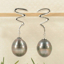 Load image into Gallery viewer, 14k White Gold Unique Gourd Black Tahitian Pearl Dangle Stud Earrings (Pale Black)