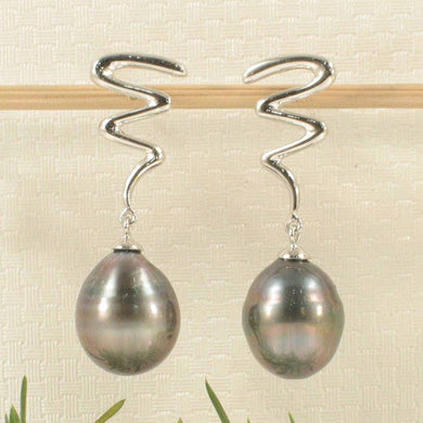 14k White Gold Unique Gourd Black Tahitian Pearl Dangle Stud Earrings (Pale Black)