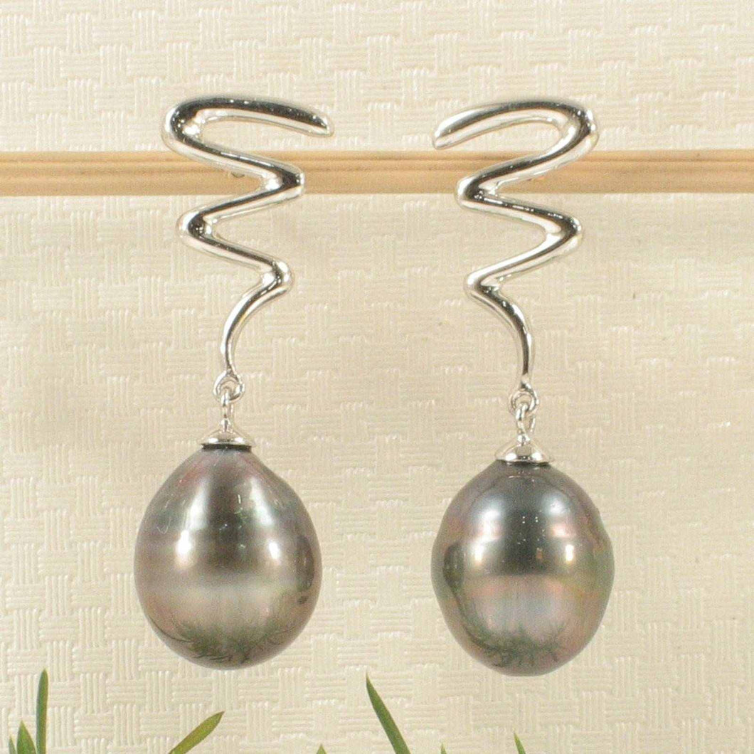 14k White Gold Unique Gourd Black Tahitian Pearl Dangle Stud Earrings (Pale Black)