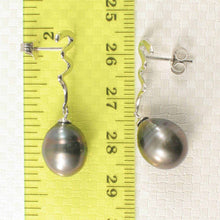 Load image into Gallery viewer, 14k White Gold Unique Gourd Black Tahitian Pearl Dangle Stud Earrings (Pale Black)