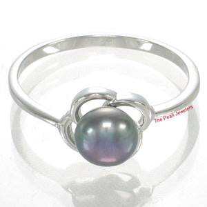 Solid Sterling Silver .925 Flower-Design Black-Blue Freshwater Pearl Solitaire Ring