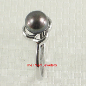 Solid Sterling Silver .925 Flower-Design Black-Blue Freshwater Pearl Solitaire Ring