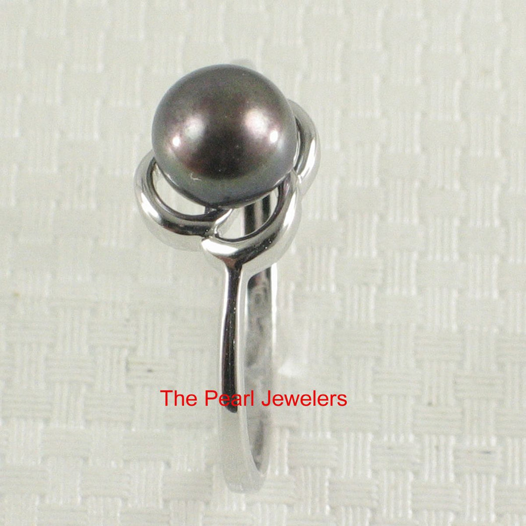 Solid Sterling Silver .925 Flower-Design Black-Blue Freshwater Pearl Solitaire Ring