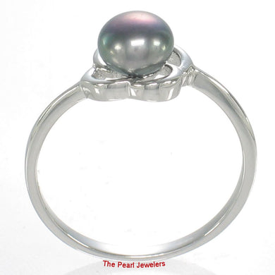 Solid Sterling Silver .925 Flower-Design Black-Blue Freshwater Pearl Solitaire Ring