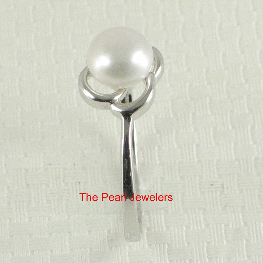 Solid Sterling Silver .925 Flower-Design White Freshwater Pearl Solitaire Ring