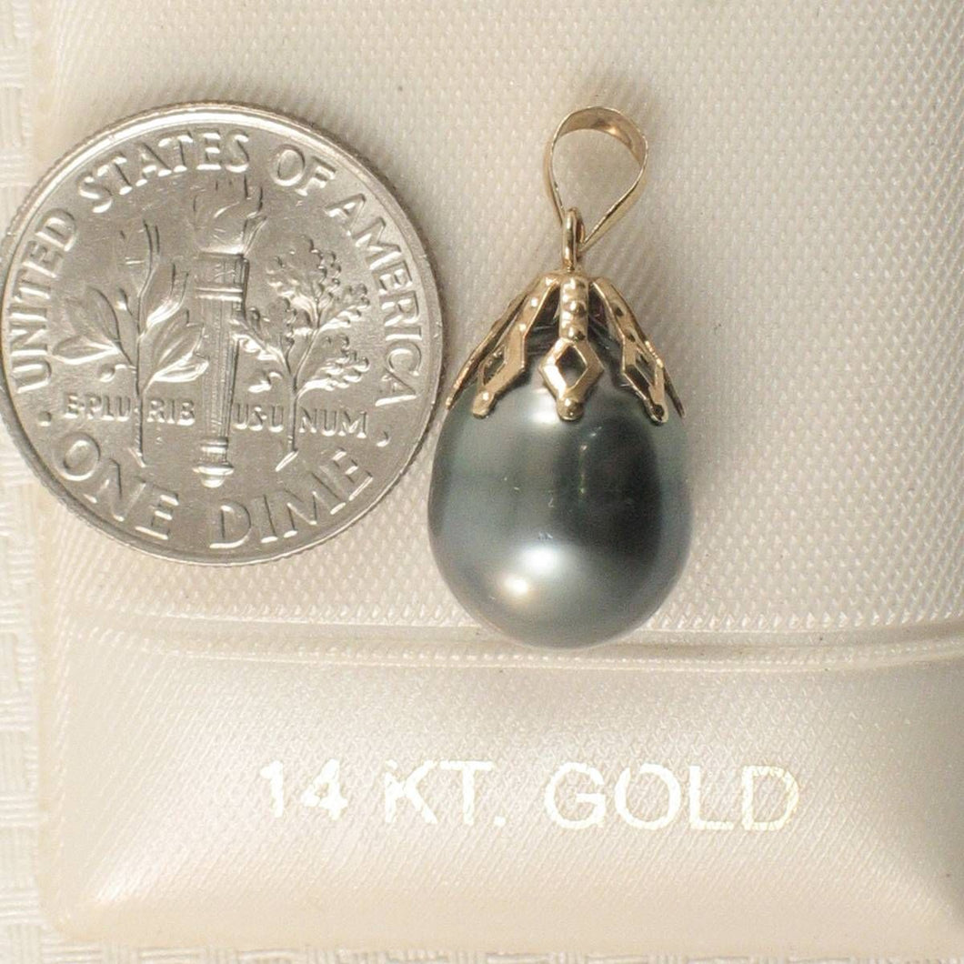 14k Yellow Gold Flowery-Cap & Diamond Black Tahitian Pearl Pendant