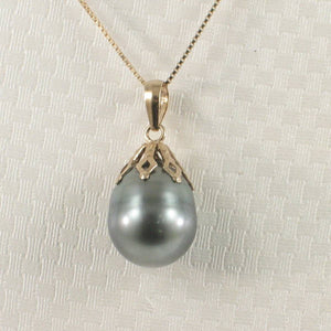 14k Yellow Gold Flowery-Cap & Diamond Black Tahitian Pearl Pendant