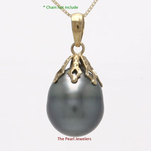 14k Yellow Gold Flowery-Cap & Diamond Black Tahitian Pearl Pendant