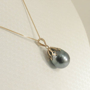 14k Yellow Gold Flowery-Cap & Diamond Black Tahitian Pearl Pendant