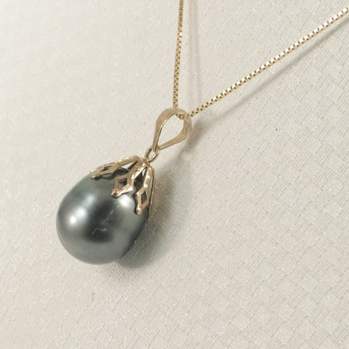 14k Yellow Gold Flowery-Cap & Diamond Black Tahitian Pearl Pendant