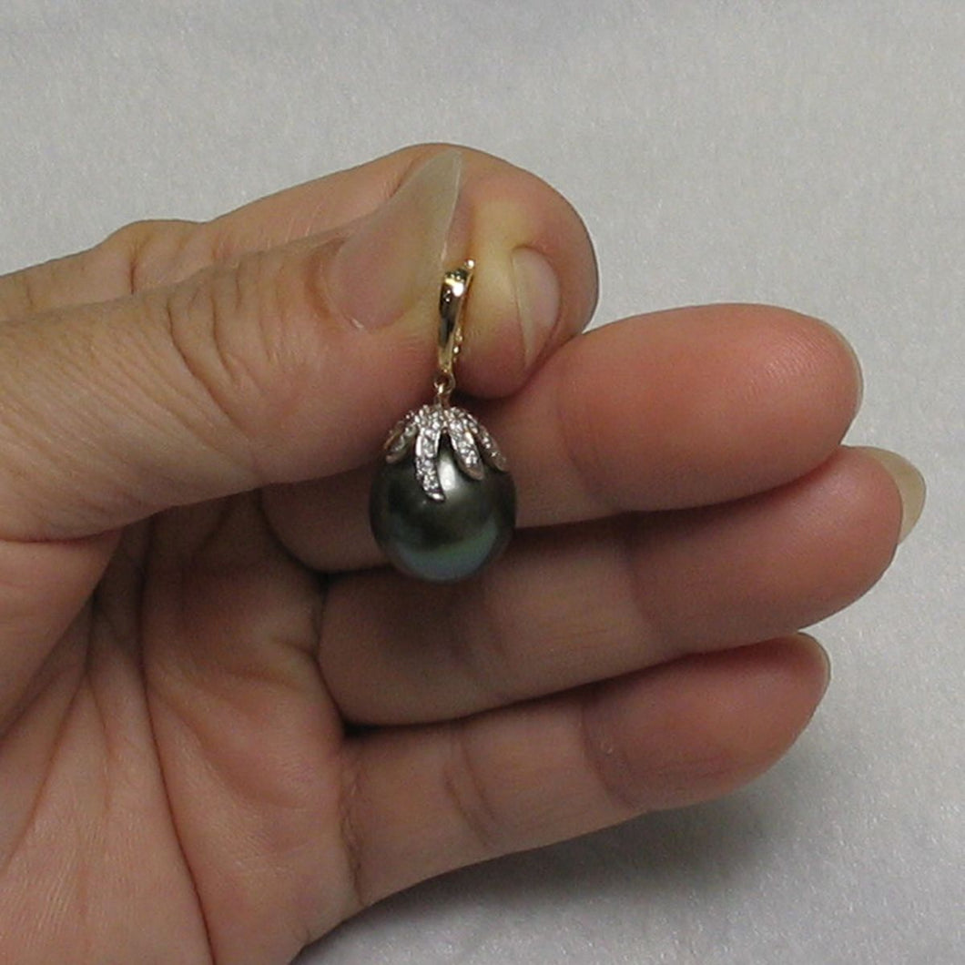 14k Yellow Gold Flowery-Cap Enhance Bale & Diamond Baroque Tahitian Pearl Pendant