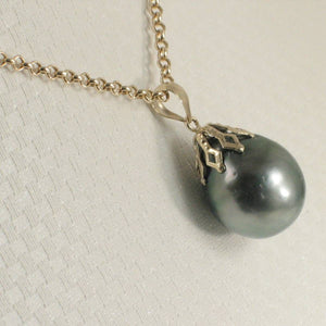 14k Yellow Gold Flowery-Cap & Diamond Baroque Tahitian Pearl Pendant