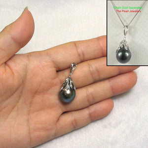 Black Tahitian Pearl & 14k White Gold Flowery-Cap Enhance Pendant