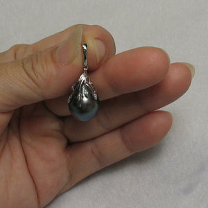 Black Tahitian Pearl & 14k White Gold Flowery-Cap Enhance Pendant