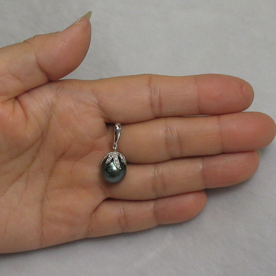 14k White Gold Flowery-Cup Bale & Diamond Baroque Tahitian Pearl Pendant