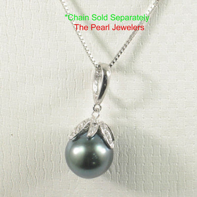 14k White Gold Flowery-Cup Bale & Diamond Baroque Tahitian Pearl Pendant