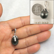 Load image into Gallery viewer, 14k White Gold Flowery-Cup Bale &amp; Diamond Black Tahitian Pearl Pendant