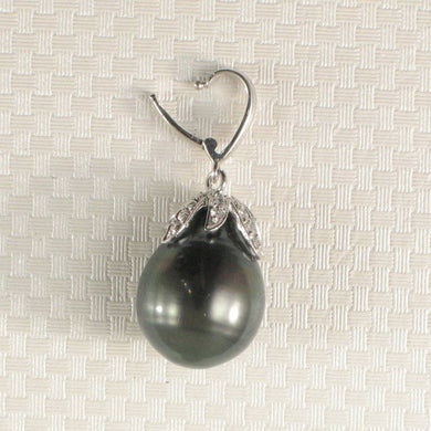 14k White Gold Flowery-Cup Bale & Diamond Black Tahitian Pearl Pendant
