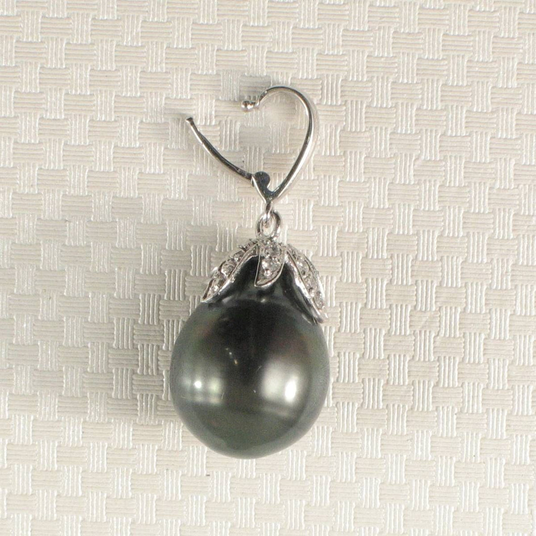 14k White Gold Flowery-Cup Bale & Diamond Black Tahitian Pearl Pendant