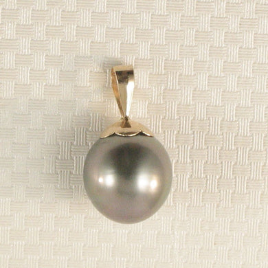 Genuine Black-Blue Tahitian Pearl & 14k Yellow Gold Flower-Bale Pendant