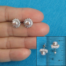 Load image into Gallery viewer, Sterling Silver Lavender Pearl &amp; CZ Stud Earrings – Classic Halo