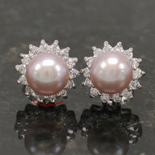 Load image into Gallery viewer, Sterling Silver Lavender Pearl &amp; CZ Stud Earrings – Classic Halo