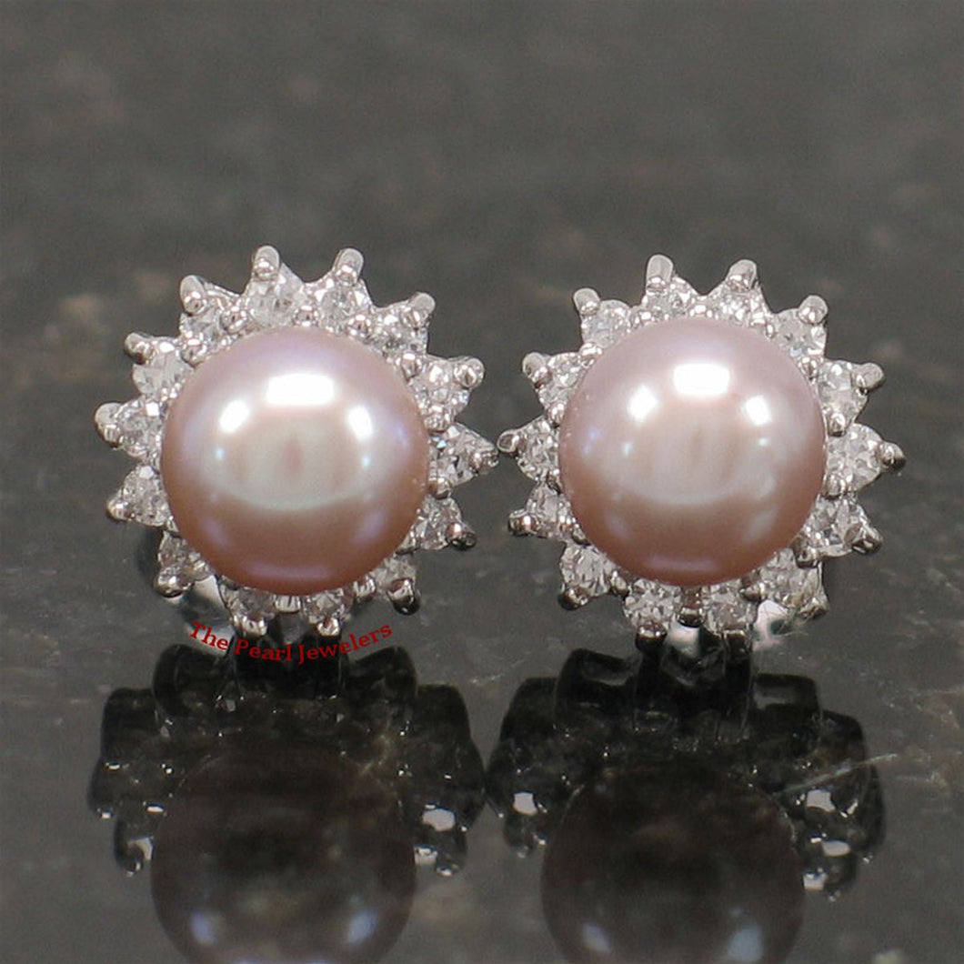 Sterling Silver Lavender Pearl & CZ Stud Earrings – Classic Halo