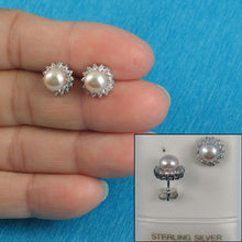 Load image into Gallery viewer, Sterling Silver Pink Pearl &amp; CZ Stud Earrings – Classic Halo Design