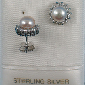 Sterling Silver CZ Frame Cultured Pearl Stud Earrings