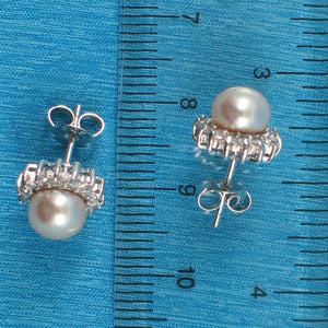 Sterling Silver Pink Pearl & CZ Stud Earrings – Classic Halo Design