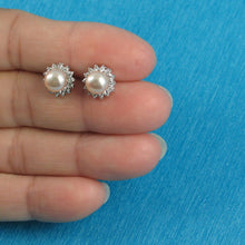 Load image into Gallery viewer, Sterling Silver Pink Pearl &amp; CZ Stud Earrings – Classic Halo Design