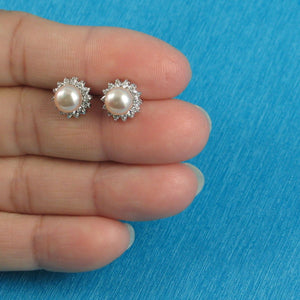 Sterling Silver Pink Pearl & CZ Stud Earrings – Classic Halo Design