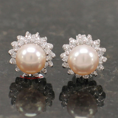 Sterling Silver Pink Pearl & CZ Stud Earrings – Classic Halo Design
