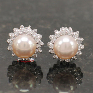 Sterling Silver Pink Pearl & CZ Stud Earrings – Classic Halo Design