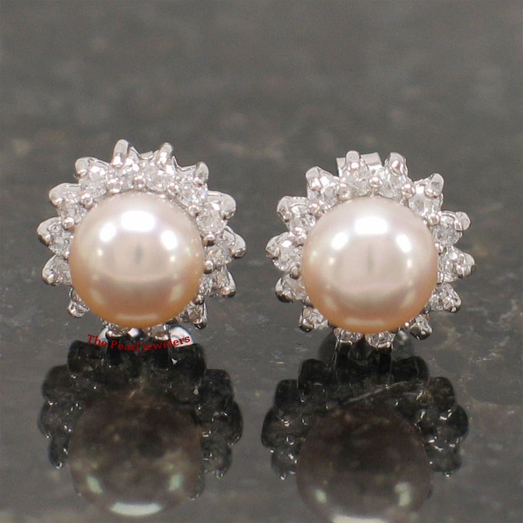 Sterling Silver Pink Pearl & CZ Stud Earrings – Classic Halo Design